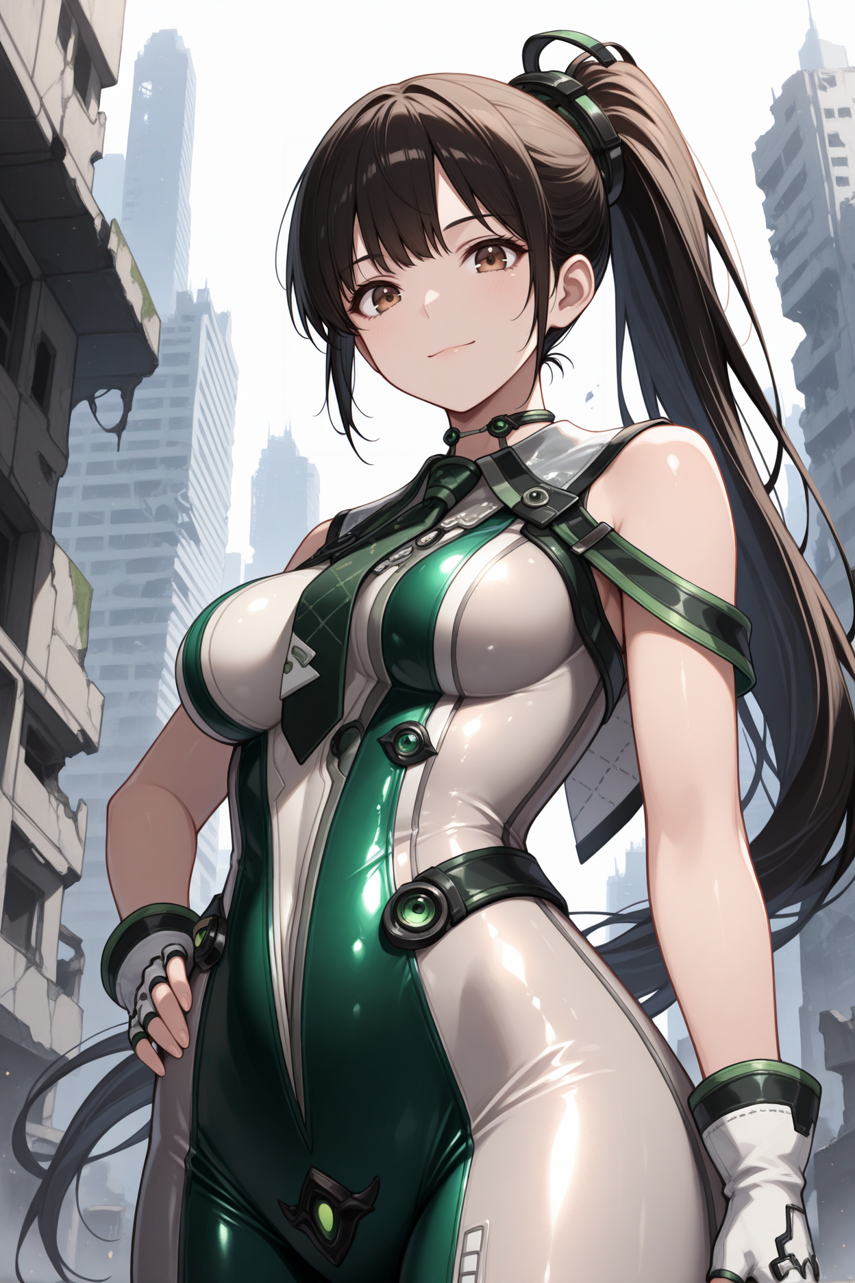 masterpiece, best quality, 1girl, solo  <lora:sbeve-illu-nvwls-v1-000007:1> defEve, black hair, brown eyes, long ponytail, necktie, green and white bodysuit, sleeveless, fingerless gloves, white gloves, medium breasts, looking at viewer, light smile, cityscape, ruined buildings, upper body, portrait, hand on hip, from below, shiny clothes