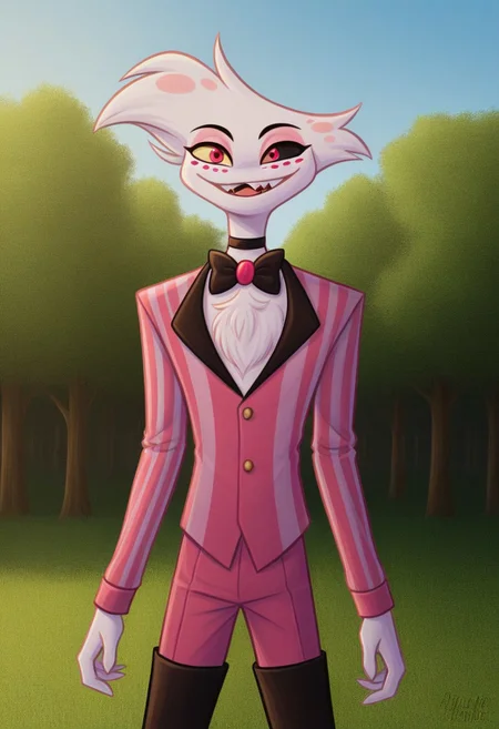 Angel[HH],Angel dust[HH], Spider[HH], Angie[HH], Freckles, pink body, light pink fur, light pink body, multiple limbs, makeup, golden tooth, coloured sclera, black sclera left eye, white sclera right eye, pink eyes, (Male anthro spider:1.3).  Solo, alone, by himself, 1boy, male.  athletic, athletic body, (athletic body), (white body:1.1), clothing, clothed, white striped suit, thigh boots, gold tooth, chest tuft, choker, bowtie, HD, digital painting, digital art, masterpiece.  Headshot, head focus, close to face, closeup, bustshot.  Happy emotion, happy.   outside, forest, trees, woods, grassy floor, grassy, (outside:1.4)  HD, digital painting, digital art, masterpiece ((bust portrait)), digital drawing (artwork), digital media (artwork), hi res. Art by artie[STYLE], artie[STYLE], Art by artiessauce[STYLE], artiessauce[STYLE], furry, furry art, Cartoony, Cartoon like, cutesy style,