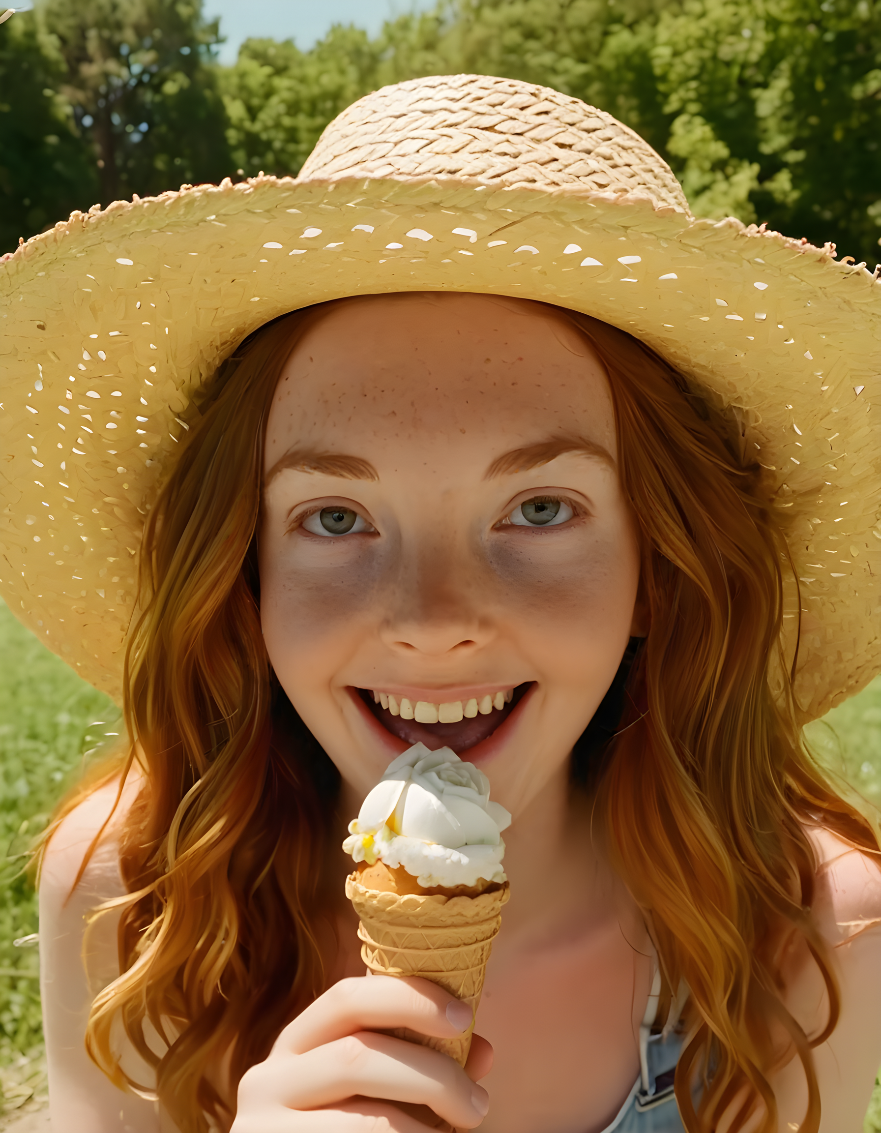 EM83R, In a vibrant and sun-drenched park, a freckled woman with long, wavy auburn hair casually tucked beneath a straw hat adorned with wildflowers, flashes a radiant smile revealing perfectly aligned pearly whites. The camera captures her in a close-up shot from a slightly elevated angle, highlighting the playful twinkle in her eyes as she enjoys an ice cream cone on a quaint park bench, surrounded by a lush green landscape and the distant hum of children playing.