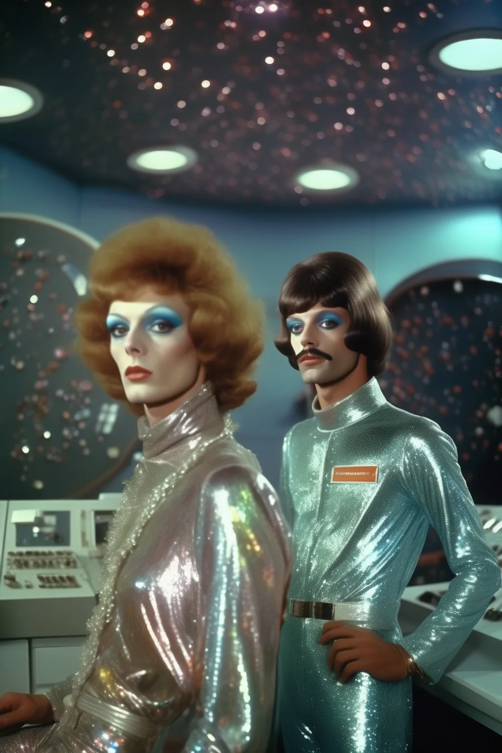 <lora:Director Rainer Werner Fassbinder style:1>Director Rainer Werner Fassbinder style - 8k resolution, photography style, In the mid - 1970s Houston, queer male at the NASA space centre, full body, glamourous make up, interetellar movie aesthetic. holographic and iridescent overall. decoration, wigs, poor. cold lighting, midnight,