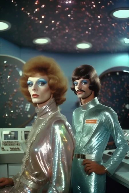 <lora:Director Rainer Werner Fassbinder style:1>Director Rainer Werner Fassbinder style - 8k resolution, photography style, In the mid - 1970s Houston, queer male at the NASA space centre, full body, glamourous make up, interetellar movie aesthetic. holographic and iridescent overall. decoration, wigs, poor. cold lighting, midnight,