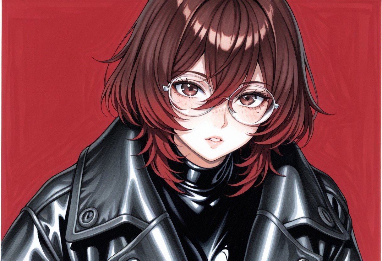 glasses-girl, traditional media, highres, official_art, parted lips, looking at viewer, round eyewear, detailed face, freckles, red hair, brown hair, hair between eyes, mole under eye, oversized jacket, shiny clothes