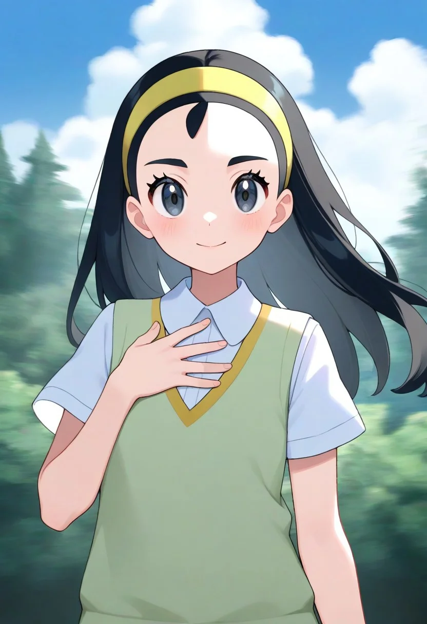 2d, masterpiece, best quality, amazing quality, highres, absurdres, newest, standing, smile, closed mouth, cowboy shot, upper body, sky, clouds, woods, nature, 1girl, solo, senpai, long hair, black hair, black eyes, yellow hairband, green sweater vest, short sleeves, beige sweater vest, hand on own chest, arm at side, looking at viewer, portrait,masterpiece,best quality,newest,absurdres,highres,arms at side,