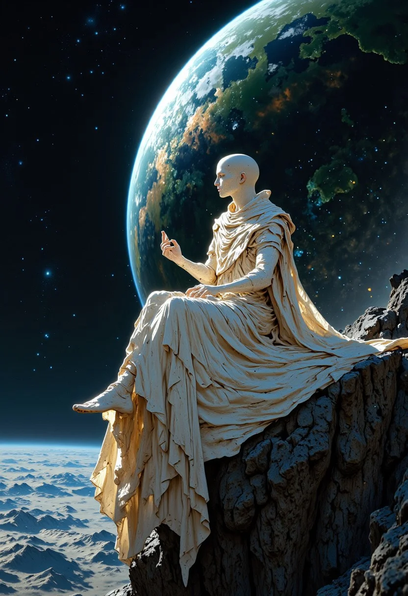 Masterpiece, A celestial moon deity seated at the edge of an expansive lunar abyss, their ethereal figure glowing faintly with the pale luminescence of the Moon. Their skin shimmers like moonstone, textured with subtle cracks reminiscent of the lunar surface, and their flowing, weightless garments ripple with hues of silver and pearl. Behind them, the endless expanse of the cosmos stretches infinitely, with stars glittering like scattered diamonds. They gaze at the Earth in the distance, its vibrant blues and greens reflected in their serene, otherworldly eyes. The deity exudes an aura of quiet power and timeless wisdom, their presence blending seamlessly with the stark beauty of the lunar landscape. Around them, the fine lunar dust swirls gently, as if responding to their divine essence, creating an atmosphere of mysticism and awe