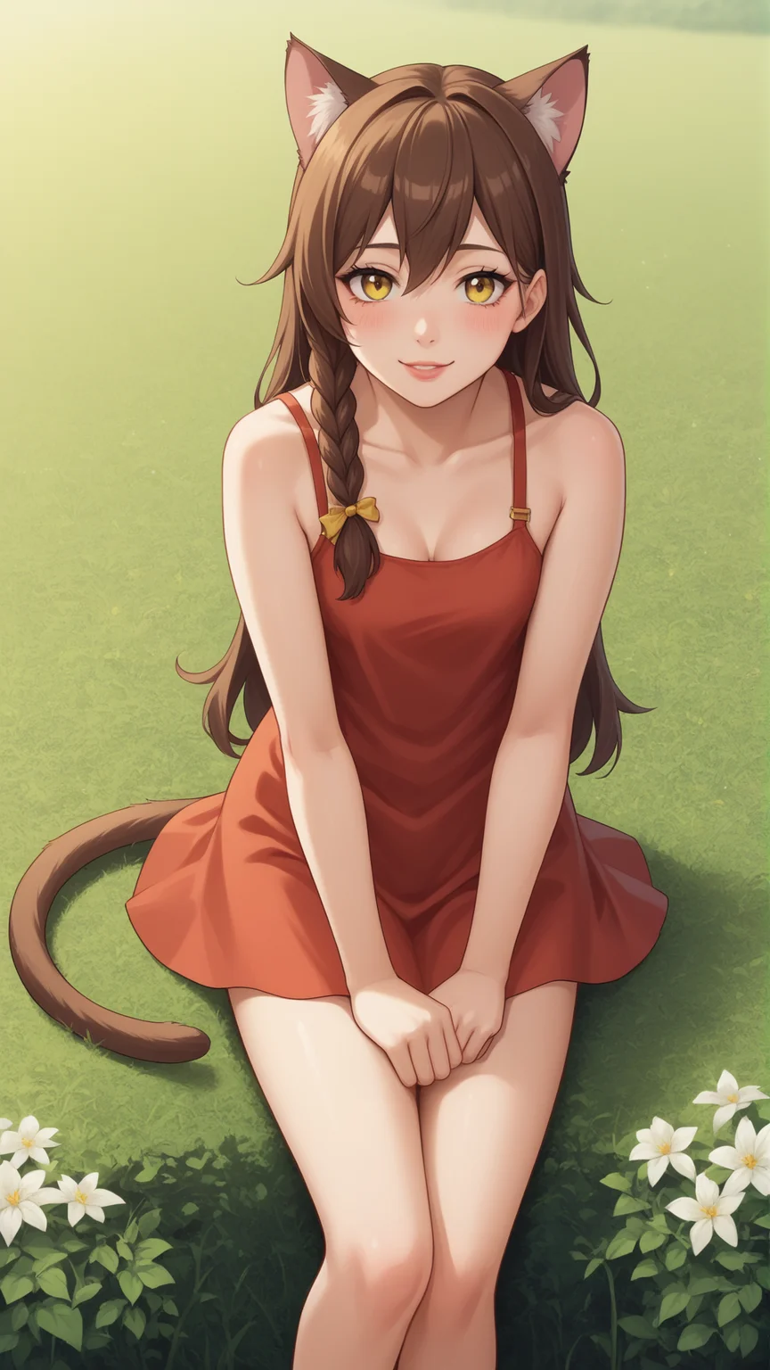 score_9, score_8_up, score_7_up, BREAK source_anime, best quality, masterpiece, ultra detailed,
<lora:Everlasting_Summer_Yulya_by_GraffMetal:0.7>, yulya, brown hair, yellow eyes, long hair, braid, side braid, single braid, animal ears, cat ears, tail, cat tail, cat girl, 1girl, solo
light smile, blush,
black eyeliner cat eye, pink lips,
red dress, cute,
amazing background, looking at the viewer, flowers field, nature background