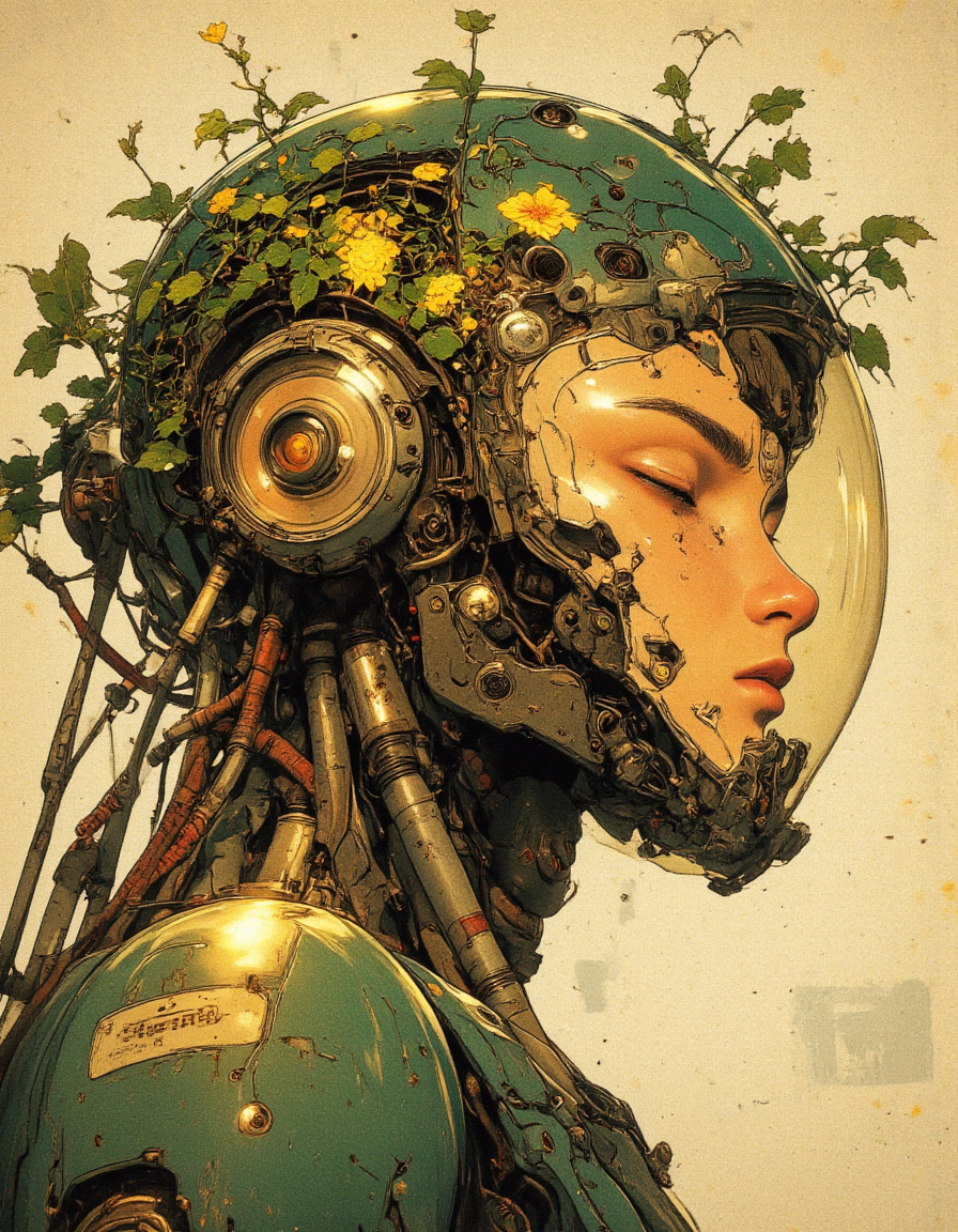 A highly detailed anime-style illustration of a young astronaut with a transparent space helmet, filled with lush green plants and glowing flowers. Her face is calm, eyes gently closed, as if in deep thought or sleep. The helmet acts as a self-sustaining biosphere, with vines growing inside. The suit is a fusion of futuristic cyberpunk aesthetics and organic elements, featuring metallic tubes and intricate bio-mechanical details. The lighting is soft and warm, casting a golden glow on the plants and the astronaut’s delicate face. The background is minimalistic, textured, and slightly aged, emphasizing a dreamlike, melancholic atmosphere. Style: semi-realistic, anime, soft shading, high detail, sci-fi botanical theme( side view)