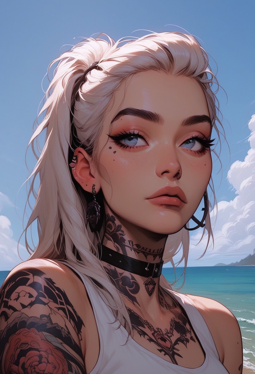 Score_9, Score8_up, Score_7_up, (((High Resolution, Best Quality))), 
1girl, solo, Covered in Tattoos, her hand on her head, brushing hair behind ear, 
Tanktop, cutoff, choker, 
On a Cliff overlooking a beach, Cloudy Sky,