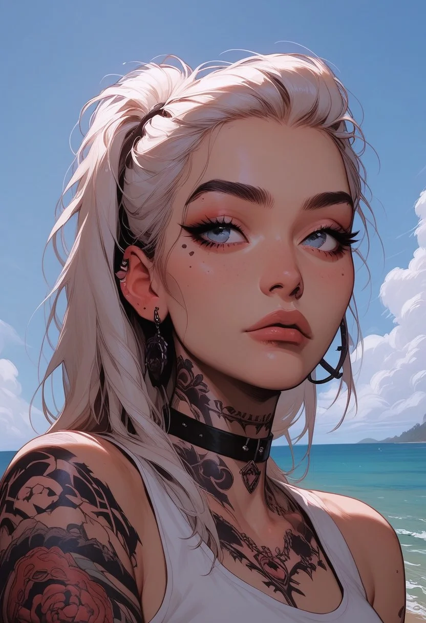 Score_9, Score8_up, Score_7_up, (((High Resolution, Best Quality))),
1girl, solo, Covered in Tattoos, her hand on her head, brushing hair behind ear,
Tanktop, cutoff, choker,
On a Cliff overlooking a beach, Cloudy Sky,