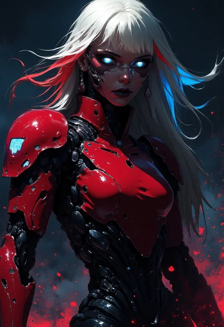 silhouette art, animeanime image of a robotic cyberpunk female warrior, long multicoloured hair (platinum with red and blue highlights or streaks), bangs, dark eyeshadow, red lips, chrome and red armour, silhouetted, chiascuro, glowing eyes, abstract dark cyberpunk background