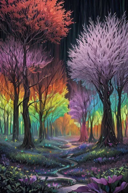 Highly Detailed, Surreal psychedelic forest in vibrant rainbow colors