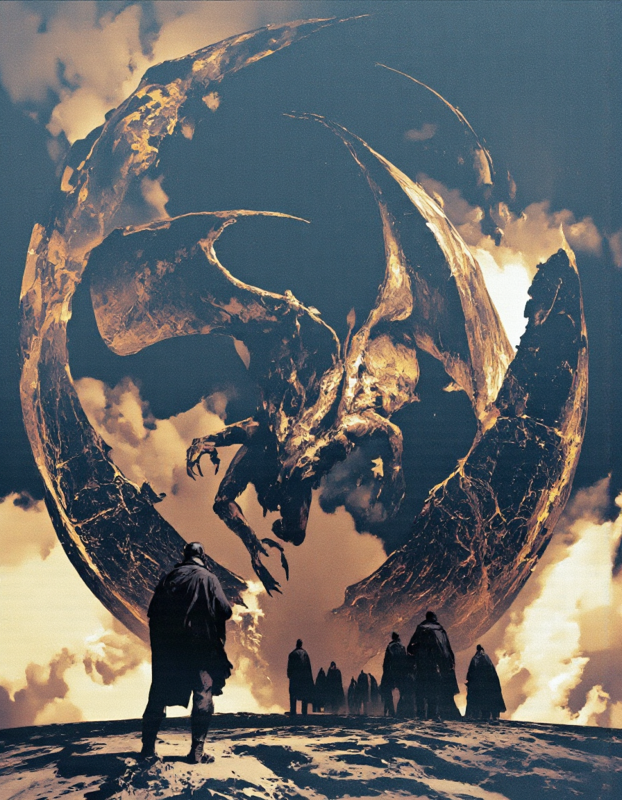 Art by Piotr JabÅoÅski. A dramatic digital illustration shoot from below about a large, imposing dragon soaring through a desert landscape with silhouetted figures below. the image also shows a dramatic, ethereal atmosphere. on the center of the image, a massive, muscular dragon appears to be in mid-air, suspended in the air with its wings spread wide. the dragon has a dark, textured appearance with sharp claws and sharp teeth. it has a glowing, metallic sheen that catches the light, giving it an almost ethereal quality. the background is a gradient of brown and black, with a faint outline of a planet in the distance. the sky is a deep, dark blue, with no clouds in sight. in the foreground, a group of four men, all wearing dark clothing, are standing in a line, facing the dragon. they appear to be looking up at the dragon, with their backs to the viewer, as if they are observing it closely. the men are positioned in a way that creates a sense of depth and perspective, with the dragon's wings and scales standing out against the desert landscape.