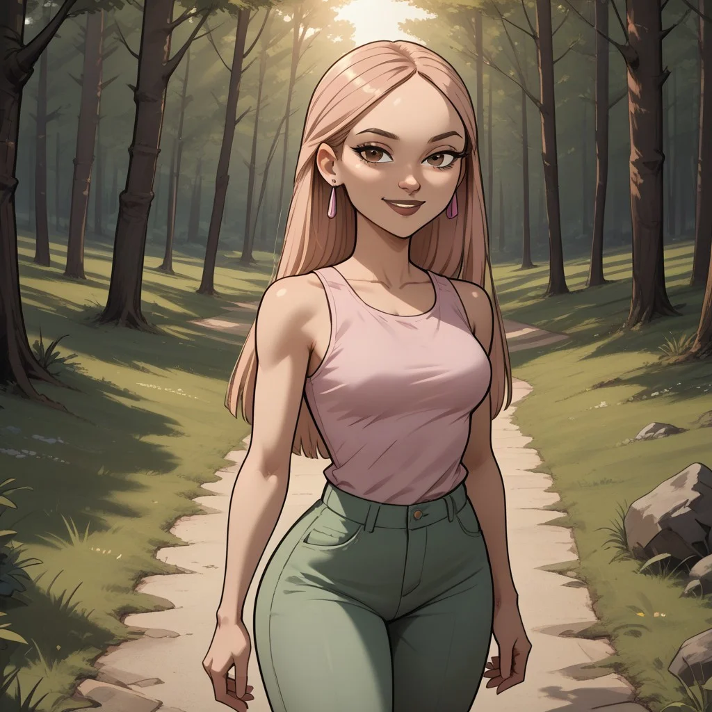 score_9, score_8, BREAK, solo, dark blonde hair, brown eyes, brown lips, lipstick, light pink sleeveless shirt, green pants, light pink footwear, earrings, dark skin, total drama, Nichelle_(Total_Drama), breasts, sexy pose, smile, outdoors, sunlight, shadows, evening lighting, natural lighting, forest, trees, grass, orange sky, sunset