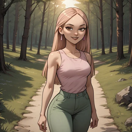 score_9, score_8, BREAK, solo, dark blonde hair, brown eyes, brown lips, lipstick, light pink sleeveless shirt, green pants, light pink footwear, earrings, dark skin, total drama, Nichelle_(Total_Drama), breasts, sexy pose, smile, outdoors, sunlight, shadows, evening lighting, natural lighting, forest, trees, grass, orange sky, sunset