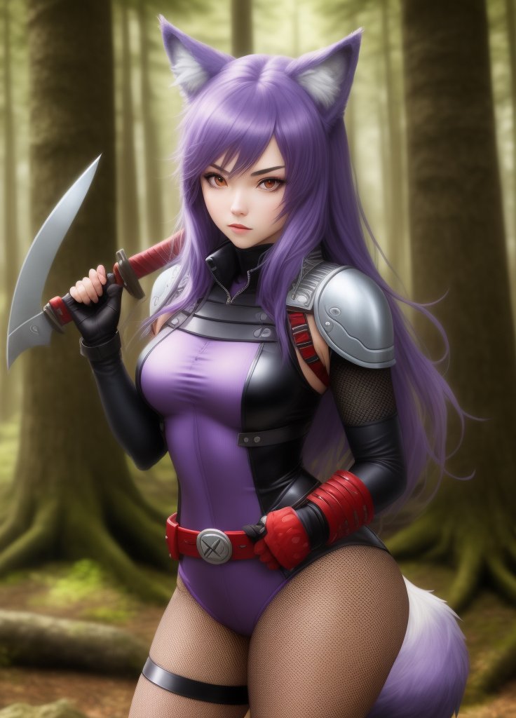 <lora:Kuroinu:1.0>, Kuroinu, 1girl, animal ears, violett eyes, violett hair, blurry, violett bodysuit, fingerless gloves, fishnets, forest, gloves, holding, holding weapon, kunai, long hair, nature, ninja, outdoors, parody, solo focus, tail, tree, weapon, wolf ears, wolf tail,
