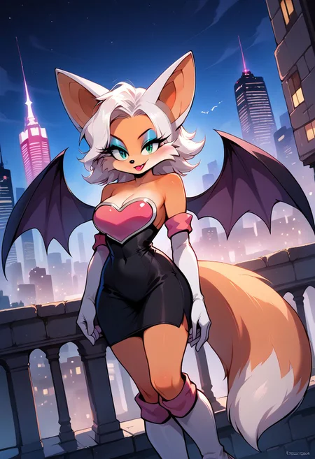 score_9, score_8_up, score_7_up, source_anime,
rougethebat, <lora:rouge-the-bat-ponyxl-lora-nochekaiser:1>
rouge, animal ears, bat ears, bat girl, fox tail, bat wings, eyeliner, furry, furry female, teal eyes, makeup, tail, white hair, wings, eyeshadow,
bare shoulders, boots, elbow gloves, gloves, red heart, knee boots, white footwear, white gloves,
outdoors, cityscape, night, smile,
looking at viewer, cowboy shot, dutch angle, solo,