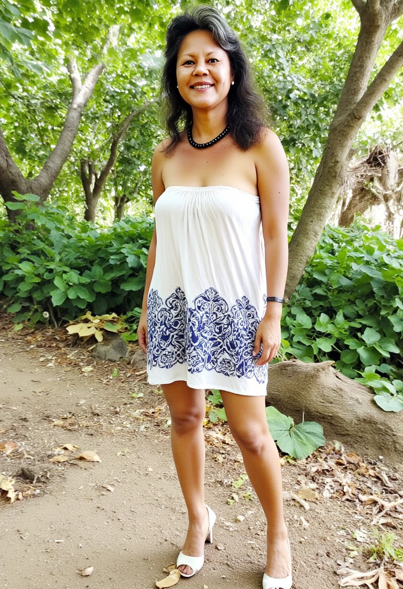 Linda, long black wavy hair, Body, she is wearing a sexy short loose white evening dress with traditional Polynesian patterns printed in navy blue, white high heels, a black Tahitian pearl necklace, she is standing in a parc