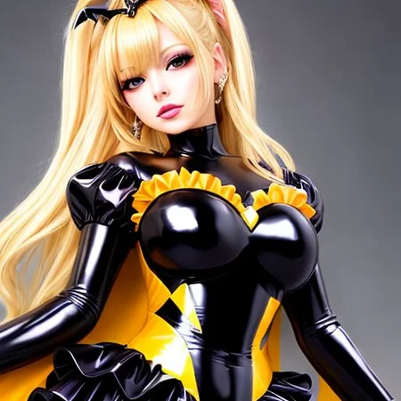 blonde evil corrupted young princess wearing dark pastel (ruffled:1) (gleaming latex:1) Bad_End_Precure gown with (long latex cape:1) and latex elbow bridal gauntlets, (Perfect Face:1), soft lighting, glossy red lips, ruffles