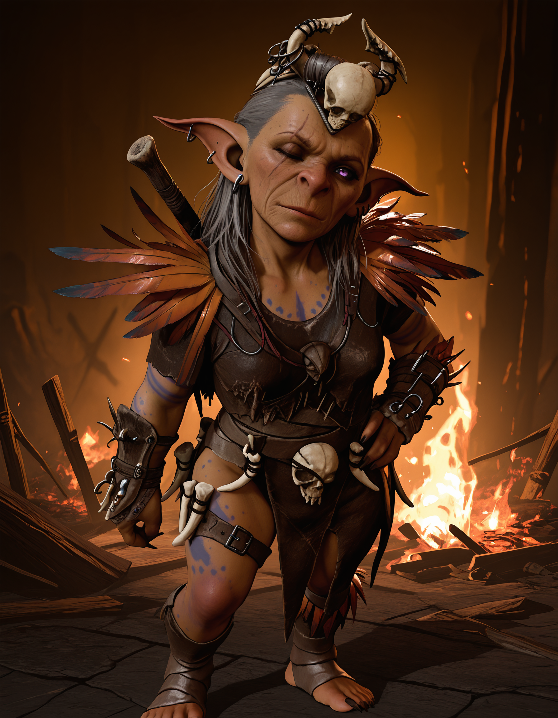masterpiece, best quality, amazing quality, very aesthetic, absurdres, newest, volumetric lighting, <lora:BG3_PriestessGutGT:0.8>, bg3truesoulgut, shortstack, fire,
1girl, female goblin, mature female, colored skin, scar on face, right eye closed, grey hair, pointy ears, black sclera, purple eyes, hair slicked back, small breasts, ear piercing, earrings, scar on right eye, skull hair ornament, bone hair ornament, blue tattoos, patchwork clothing, shoulder feathers, bone gauntlets, bone belt, weapon on back, looking at viewer, head tilt, hand on hip, sharp nails, toeless legwear, wrinkled skin,