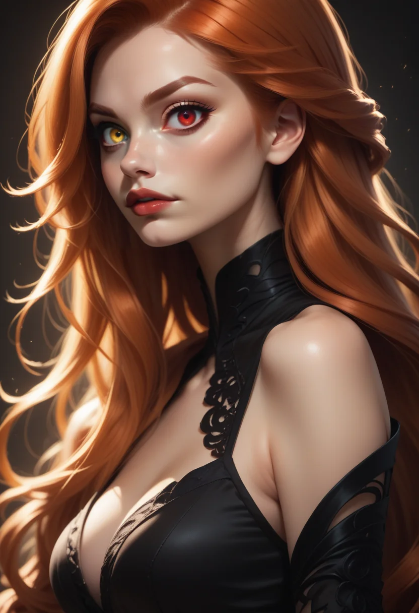 score_9, score_8_up, score_7_up,
1girl, solo, upper body, ginger hair, very long hair, black dress, red eyes, heterochromia, right eye yellow,
<lora:Dark_Heterochromia_Pony_v0.2:0.5>