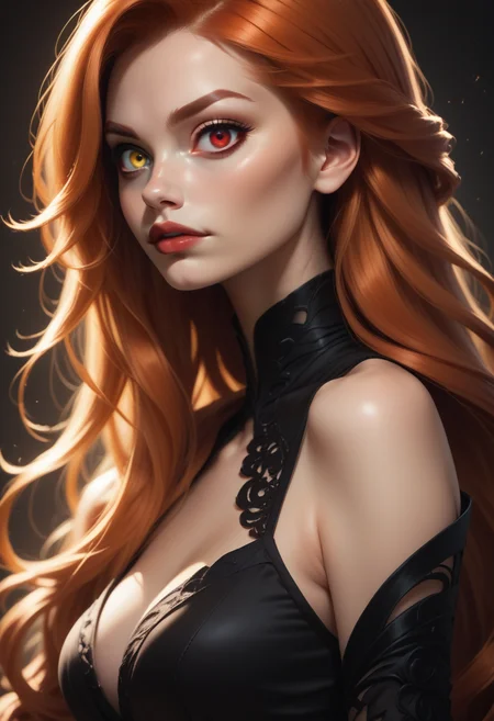 score_9, score_8_up, score_7_up,
1girl, solo, upper body, ginger hair, very long hair, black dress, red eyes, heterochromia, right eye yellow,
<lora:Dark_Heterochromia_Pony_v0.2:0.5>