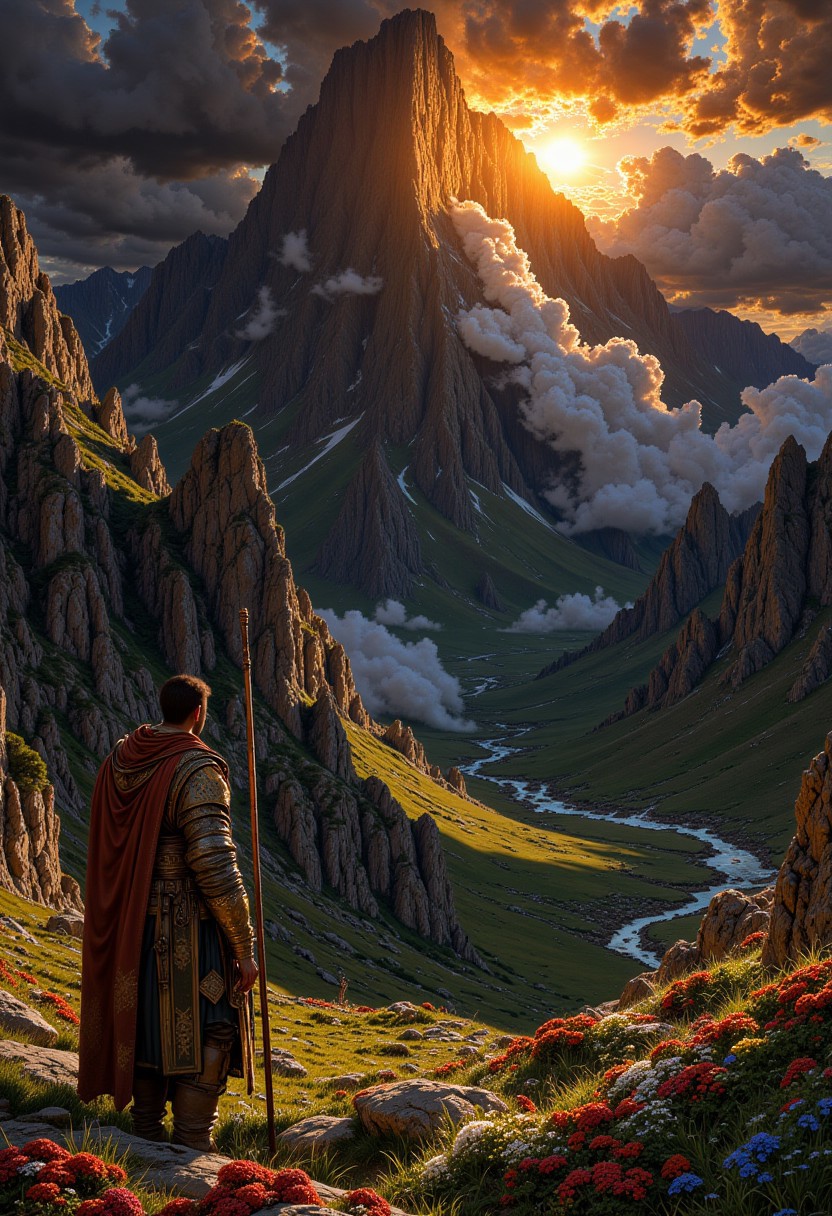 8k, masterpiece, very detailed, epic, elevated view of a breathtakingly beautiful mountain landscape at sunset, the low sun shines from behind a mountain peak and creates long shadows, peaceful calm atmosphere, heavy storm clouds are illuminated from below by the low sun, colorful flowers in the foreground, a shepherd stands in the foreground leaning on a long stick and observes the scene