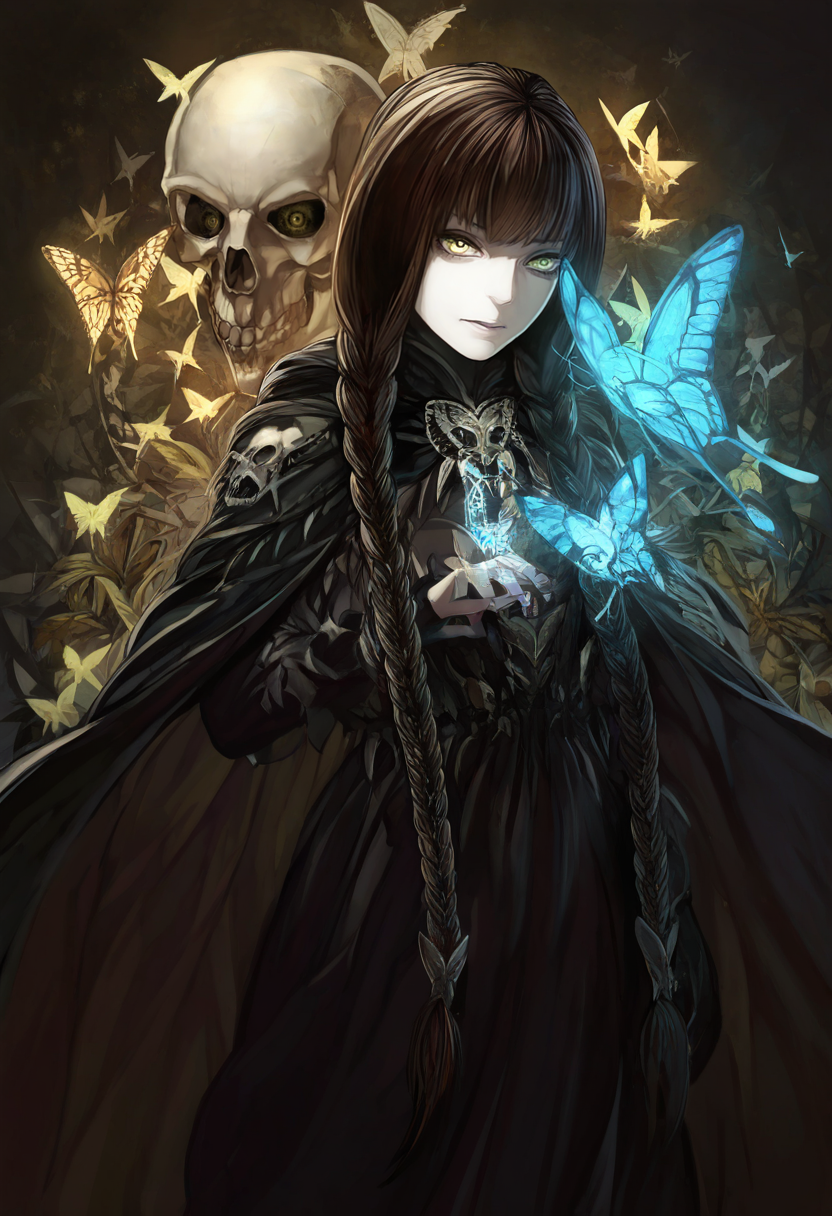 very awa, masterpiece, best quality, hightres, absurdres, 1girl, solo, long hair, brown hair, yellow eyes, braid, cape, twin braids, bug, butterfly, skull, fataStyle, <lora:FATAIL:1>