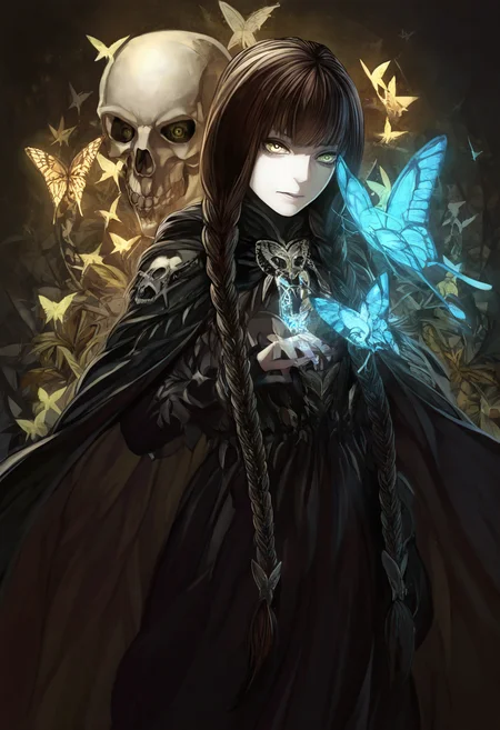 very awa, masterpiece, best quality, hightres, absurdres, 1girl, solo, long hair, brown hair, yellow eyes, braid, cape, twin braids, bug, butterfly, skull, fataStyle, <lora:FATAIL:1>