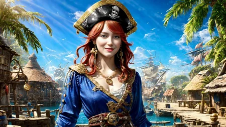 (young redhead pirate woman), (portrait), (parrot:1.2), sharp focus, (ultradetailed), (standing), (happy) smile, pirate (ship galleon:1.2, hoop earrings, gold medallion, Indigo Bluepirate clothes, pirate hat, hips, pirate (village), leafy beach coast, (treasure chest with coins, gems and jewels:1.2), (rum barrel), best quality masterpiece, bright sunny sky, backlight, natural lights, high contrast, hdr, shadows, pretty, beautiful, feminine, sexy, adorable, lovely, in love, (PirateDiffusionprt:0.5), <lora:Pirate:0.3> PrateT <lora:PirateRealms:0.3> <lora:Detail Tweaker LoRA add_detail:0.8> <lora:depth_of_field_slider_v1:5> <lora:SDXLrender_v2.0:0.9>