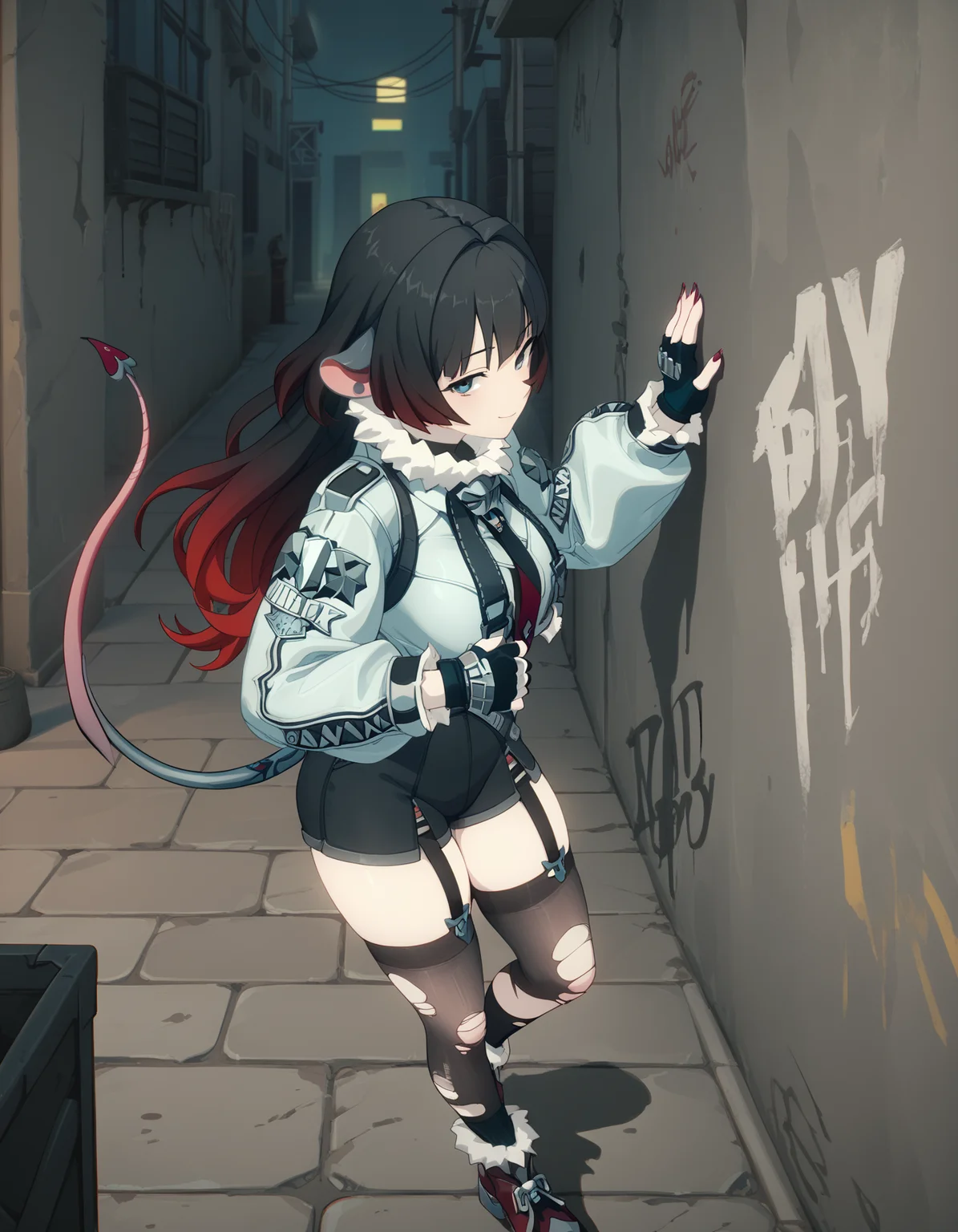 score_9,  score_8_up, score_7_up, <lora:zzz-pack-v4-ponyxl:0.9:lbw=0,0,0,0,0,0,1,1,0,0,0,0> <lora:waterkuma_Artist_Style_PonyXL:0.7> jnedw, gradient hair, black hair, red hair, mouse ears, fur-trimmed jacket, necktie, fingerless gloves, high-waist shorts, single garter strap, torn pantyhose, mouse tail,
1girl, solo, standing, against wall, from above, from side, looking at viewer, close-up, smirk, alley, night, beer crate