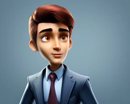 a young man in a business suit working at his office computer, morning light, cartoonish_doll