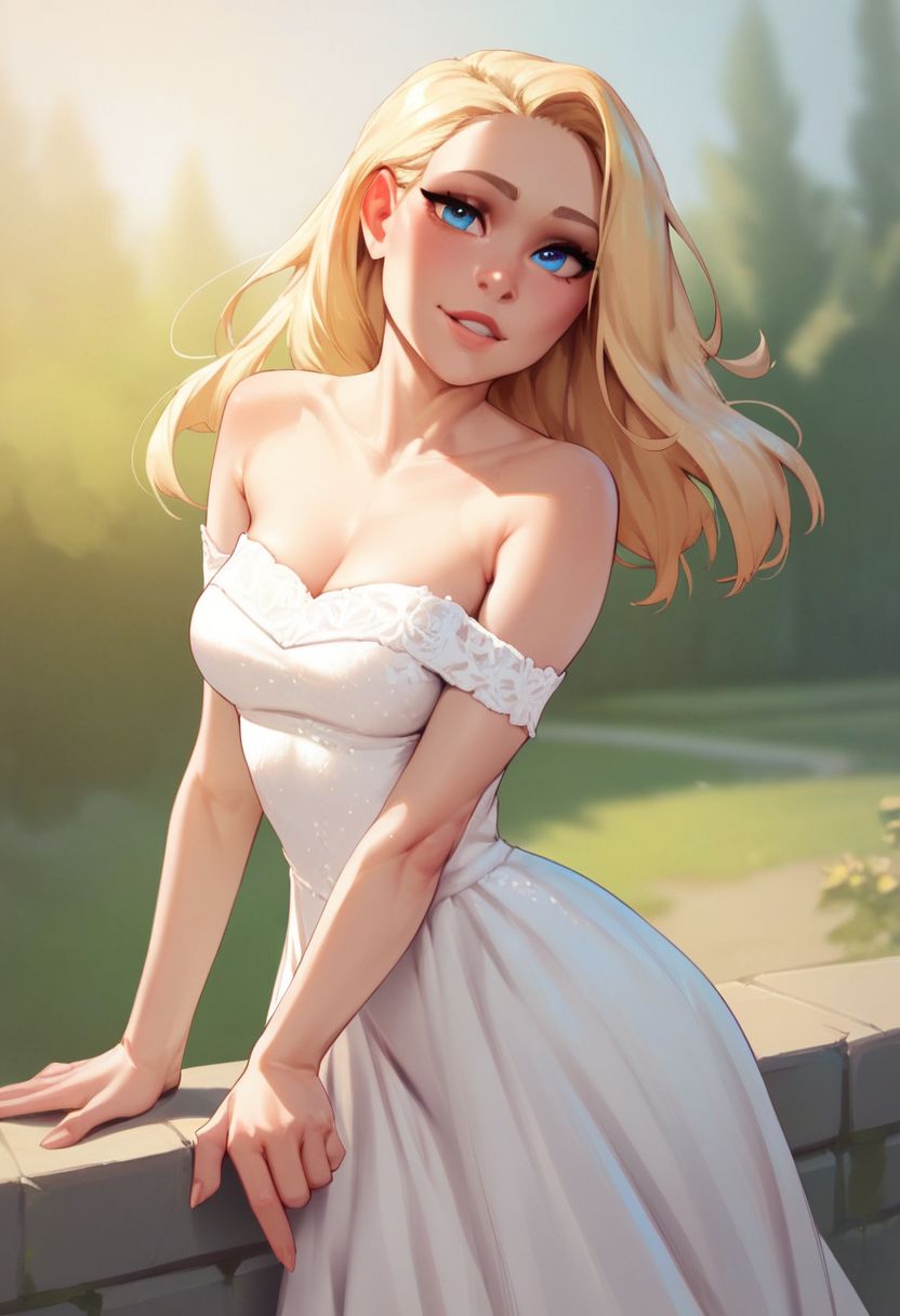 (((beautiful, high quality))), score_9, score_8_up, score_7_up, 
looking at the viewer, posing, 
BikupanStyle, 1girl, blonde hair, blue eyes, white dress,
blurred background,