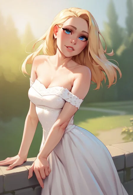 (((beautiful, high quality))), score_9, score_8_up, score_7_up,
looking at the viewer, posing,
BikupanStyle, 1girl, blonde hair, blue eyes, white dress,
blurred background,
