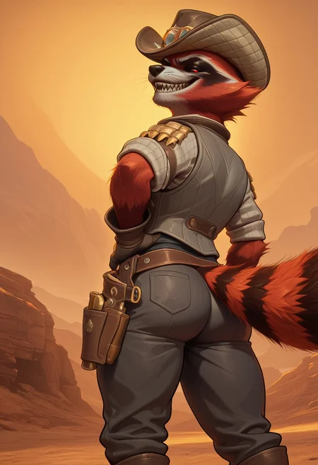masterpiece, best quality, amazing quality, very aesthetic, absurdres, newest, high quality, detailed, male, solo male, RocketBH, 1boy, broad shoulders, mature male, anthro, raccoon, animal ears, black and red orange fur, red eyes, red sclera, athletic build, facial hair, cowboy hat, gray vest, gray jacket, cowboy, bounty hunter, looking at viewer, grinning, sharp teeth, detailed face, detailed eyes:2.0, volumetric lighting, half body, outdoors, western, southern, orange (theme), old west, hand on hip, gun belt, rear view, massive ass, plump ass, thick thighs, looking back at viewer, smug