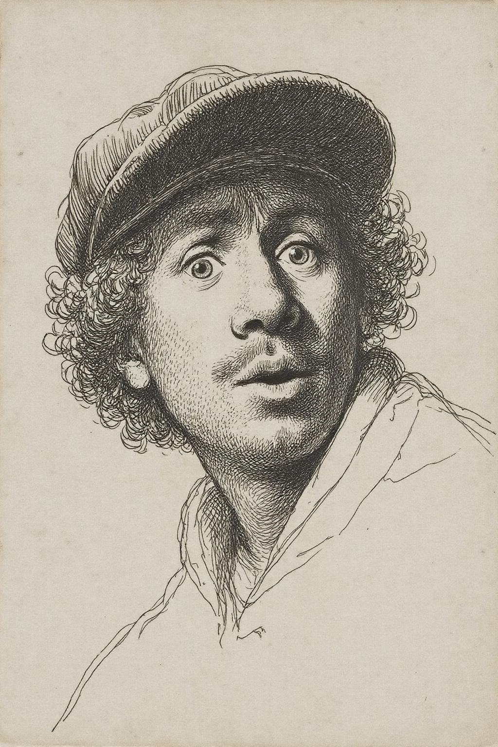rembr1 etching. A detailed black-and-white etching of a man with curly hair, wearing a cap, and showing a surprised or startled expression. The artwork is created in a classical style reminiscent of 17th-century Dutch masters, with intricate linework and cross-hatching techniques. The portrait focuses on the face, capturing the dramatic and expressive features, emphasizing depth, texture, and emotion. The background is minimal, allowing the figure's expression and artistic details to take center stage.  <lora:rembr_etch4_cap_d6a3e11:1.0><lora:810544338598712470:0>