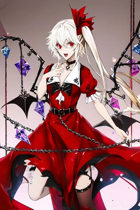 flandre_scarlet_(koumajou_densetsu), wh1te, wings, choker, white chain, bat wings, o-ring, garter belt, skull, harness, bondage harness, body harness, breasts,