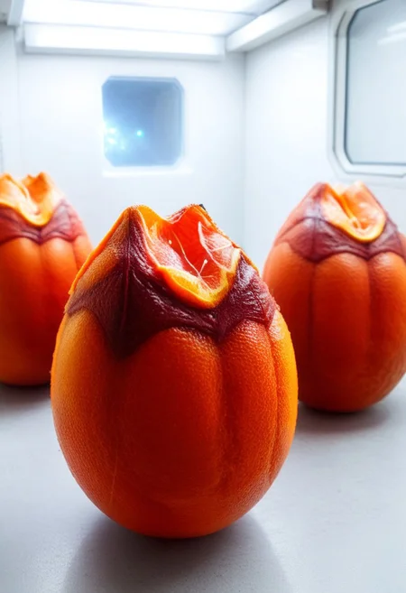 blood orange style, xenoegg, view of a group of unhatched xenoeggs, xenoeggs made of orange peel, horror theme, green light, space station interior, foggy ground, beautifully lit,