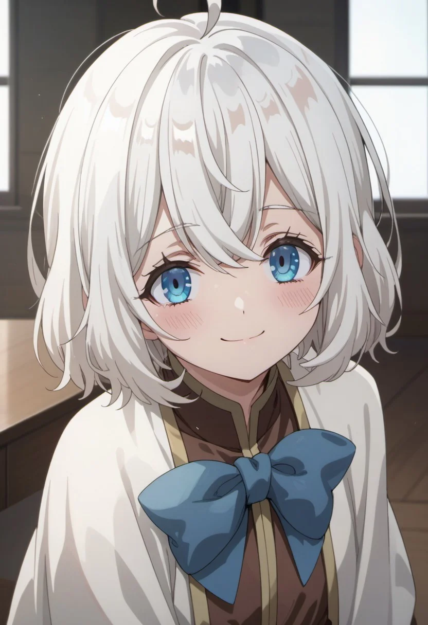 score_9, score_8_up, score_7_up, source_anime,leeche lynn, white hair, blue eyes, short hair, 1girl, solo, smile, looking at viewer, bow, blush, closed mouth, blue bow, bangs, upper body, ahoge, hair between eyes, indoors