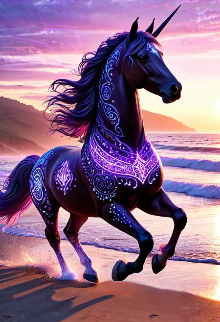 a unicorn covered in purple glowing runes galloping along a beach at sunset