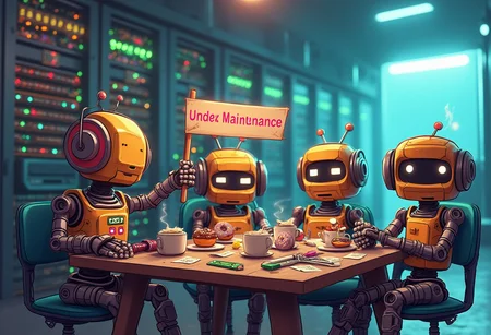A high-resolution, humorous wallpaper image depicting a team of cute cartoon robots taking a coffee break during maintenance for the website "Civitai." The scene shows the robots, each with quirky and endearing features, sitting around a small table cluttered with coffee cups, donuts, and maintenance tools. One robot holds a sign that reads "Civitai Under Maintenance," while another robot spills coffee, and a third one naps with a wrench in hand. The background includes a brightly lit server room with colorful wires and blinking lights. The overall style is playful and cartoonish, with vibrant colors and funny elements that make the scene engaging and entertaining.