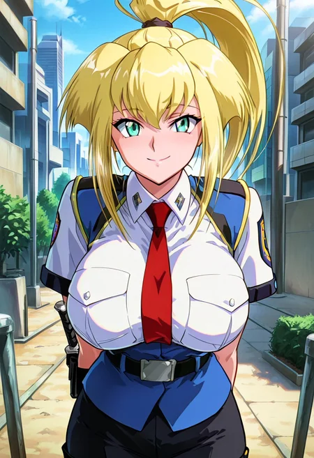 Best quality,masterpiece,soft light,official art,masterpiece,high quality,highres,absurdres,best quality,epic scene,natural textures,easynegative,huge_breasts, mature body, Erotic_style,anime_coloring,
cowboy shot, outdoors, 1girl,solo,smile,
Rio Kinezono,blonde hair,aqua eyes,large breasts,long hair,high ponytail,police uniform,