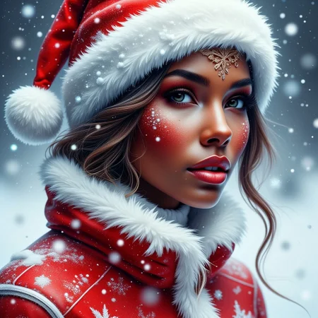 Contrail, mosaic, Fantasy realism, Storybook Illustration, double exposure, delicate detailed inspired by [Artgerm, Brian M  Viveros, Esao Andrews], red | white stripes, sharp focus, triadic colors, gorgeous african american girl, dark natural hair, peachy lips, snow suit, red santa hat, small snowflakes , dynamic pose, luminism, magic light rings, bioluminescence, 32k