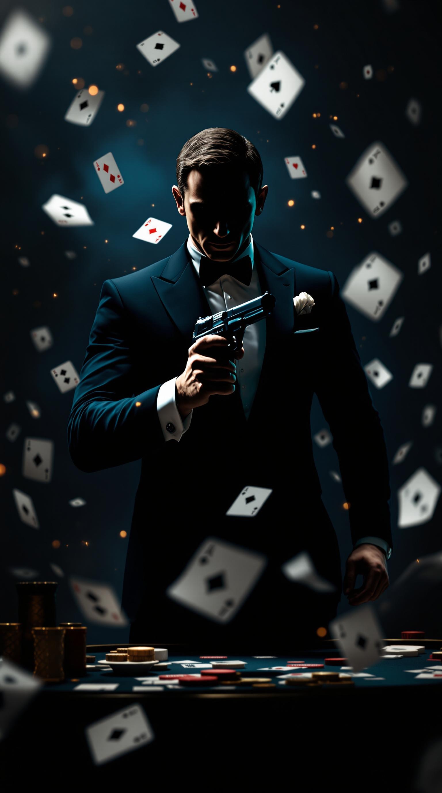 a dynamic and sleek Casino Royale-inspired intro featuring playing cards adorned with the silhouette of James Bond, set against a backdrop of high-stakes poker and espionage. The Bond silhouette should be dressed in a sharp, tailored suit with a narrow lapel, holding a Walther PPK pistol, and posed in various action stances throughout the scene. The image should employ dramatic, high-contrast lighting, a cool, blue-toned color palette, and dynamic camera movements to create a tense, adrenaline-fueled atmosphere. Use digital compositing and post-processing effects to create seamless transitions and a sense of movement, capturing the thrilling, sophisticated aesthetic of the Casino Royale film.