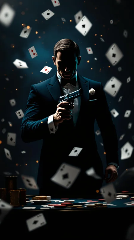 a dynamic and sleek Casino Royale-inspired intro featuring playing cards adorned with the silhouette of James Bond, set against a backdrop of high-stakes poker and espionage. The Bond silhouette should be dressed in a sharp, tailored suit with a narrow lapel, holding a Walther PPK pistol, and posed in various action stances throughout the scene. The image should employ dramatic, high-contrast lighting, a cool, blue-toned color palette, and dynamic camera movements to create a tense, adrenaline-fueled atmosphere. Use digital compositing and post-processing effects to create seamless transitions and a sense of movement, capturing the thrilling, sophisticated aesthetic of the Casino Royale film.