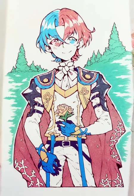 (score_9, score_8_up:1.1), score_7_up, high res image,masterpiece,best quality, clear skin,shiny hair,ultra detailed eyes, marker drawing, on paper, 1boy, solo, defAlearM, heterochromia, gloves, split-color hair, red hair, blue hair, cape, armor, holding flower, smile, blush, looking at viewer, Faded Headshot, faded bottom, faded edges, green field, mountains,