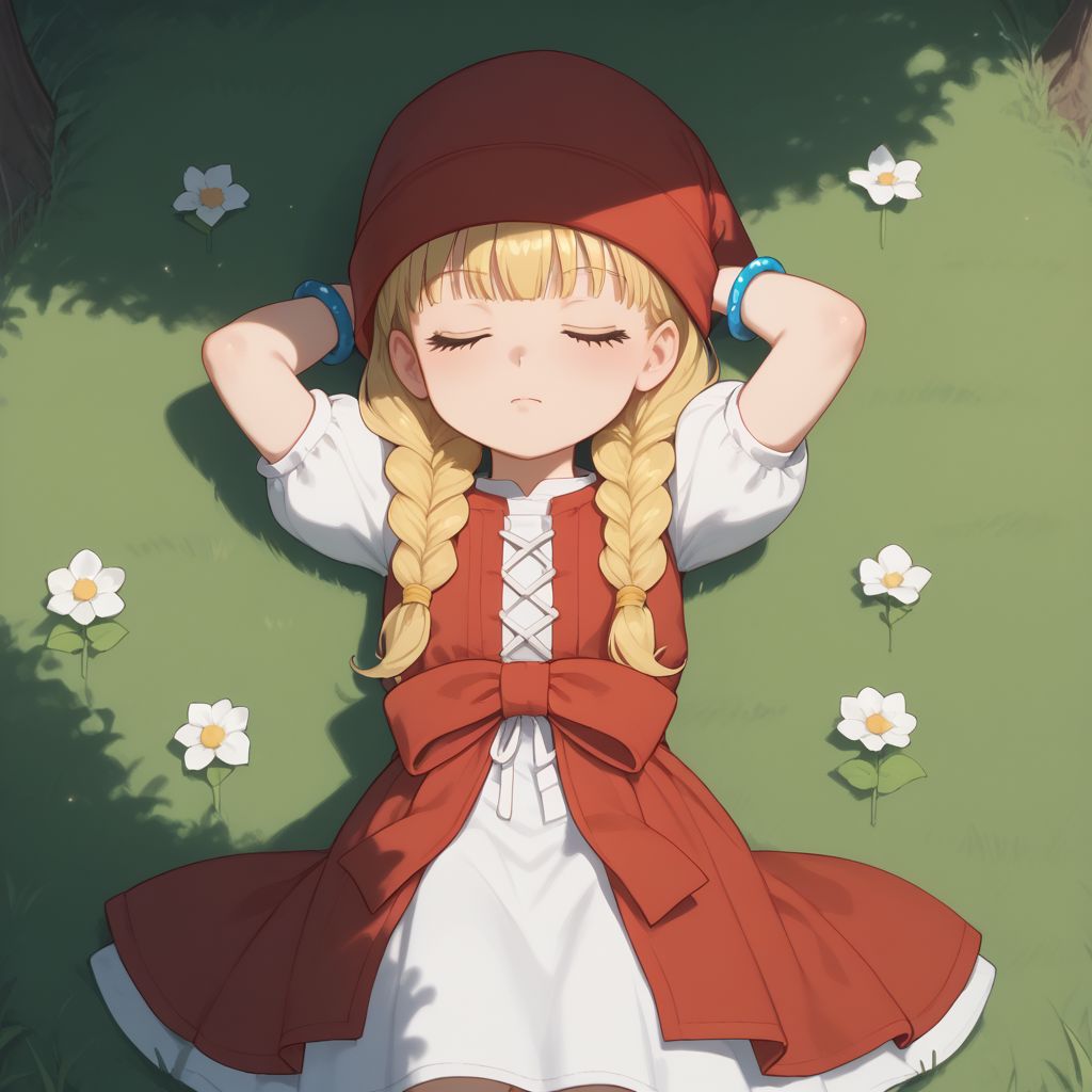 score_9, score_8, score_7, BREAK, veronica, hat, blonde hair, twin braids, dress, waist bow, bracelet, hands behind head, pov, from above, lying in grass, eyes closed, sleeping, flowers