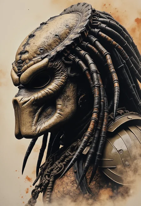 poster art, photorealistic ink art image, portrait of predator from the movie (Predator), menacing, dark fantasy, masterpiece