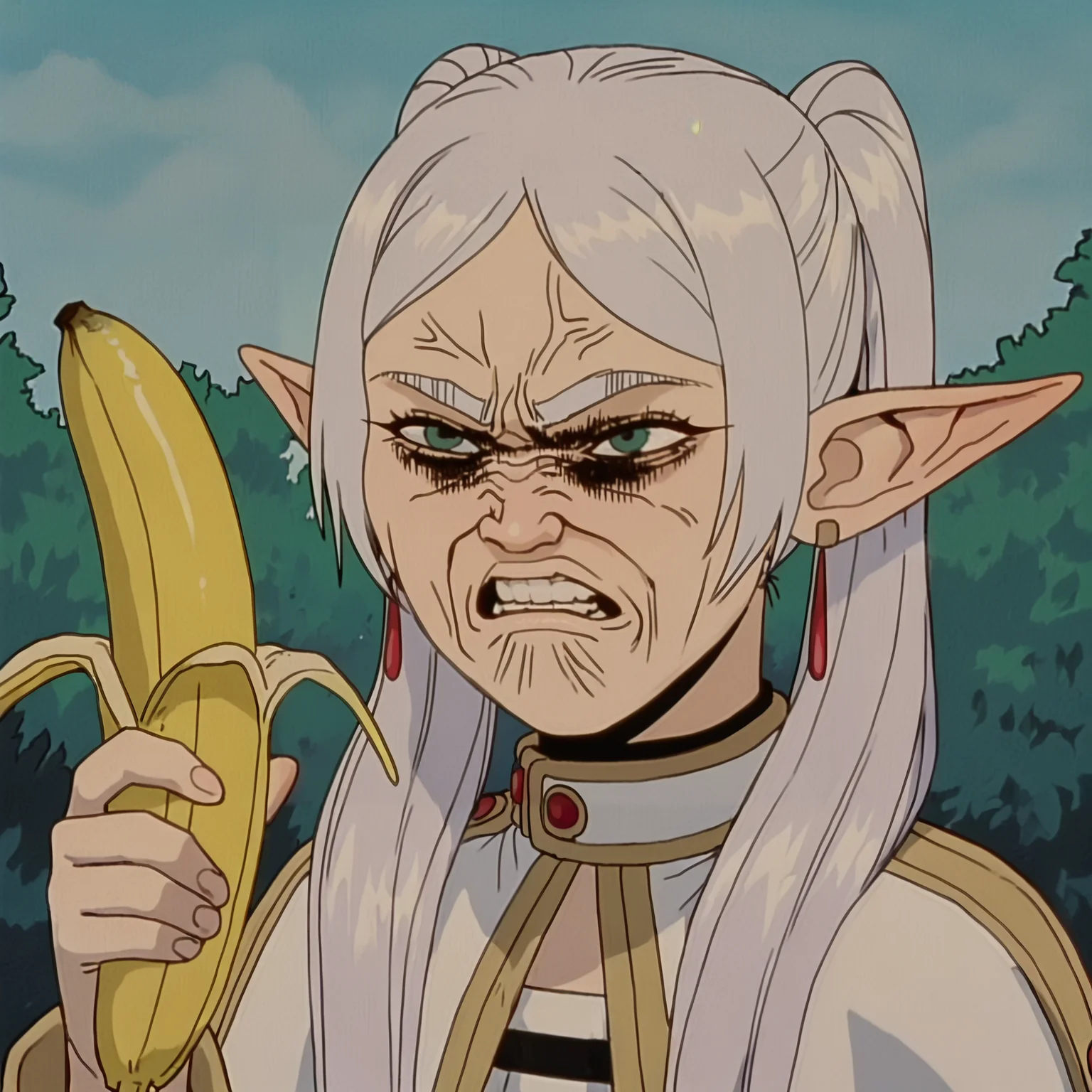 (artist: incase:0.4), good quality, best quality, highres, masterpiece, (traditional media, inked:0.6), anime screenshot,
1girl, frieren, dress, green eyes, elf, twintails, white hair, outdoors, making faces, parody, sad, angry, upset, furious, frown, holding a banana, idiot face, teeth,
<lora:Great Teacher Onizuka NoobAI V-Pred-000080:0.7>