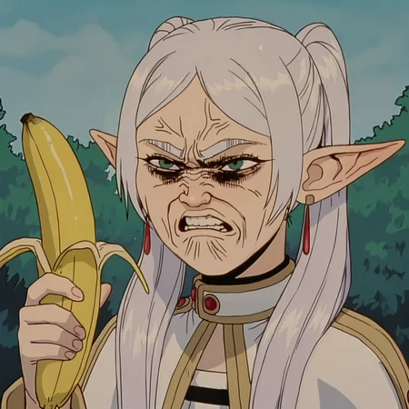 (artist: incase:0.4), good quality, best quality, highres, masterpiece, (traditional media, inked:0.6), anime screenshot,
1girl, frieren, dress, green eyes, elf, twintails, white hair, outdoors, making faces, parody, sad, angry, upset, furious, frown, holding a banana, idiot face, teeth,
<lora:Great Teacher Onizuka NoobAI V-Pred-000080:0.7>