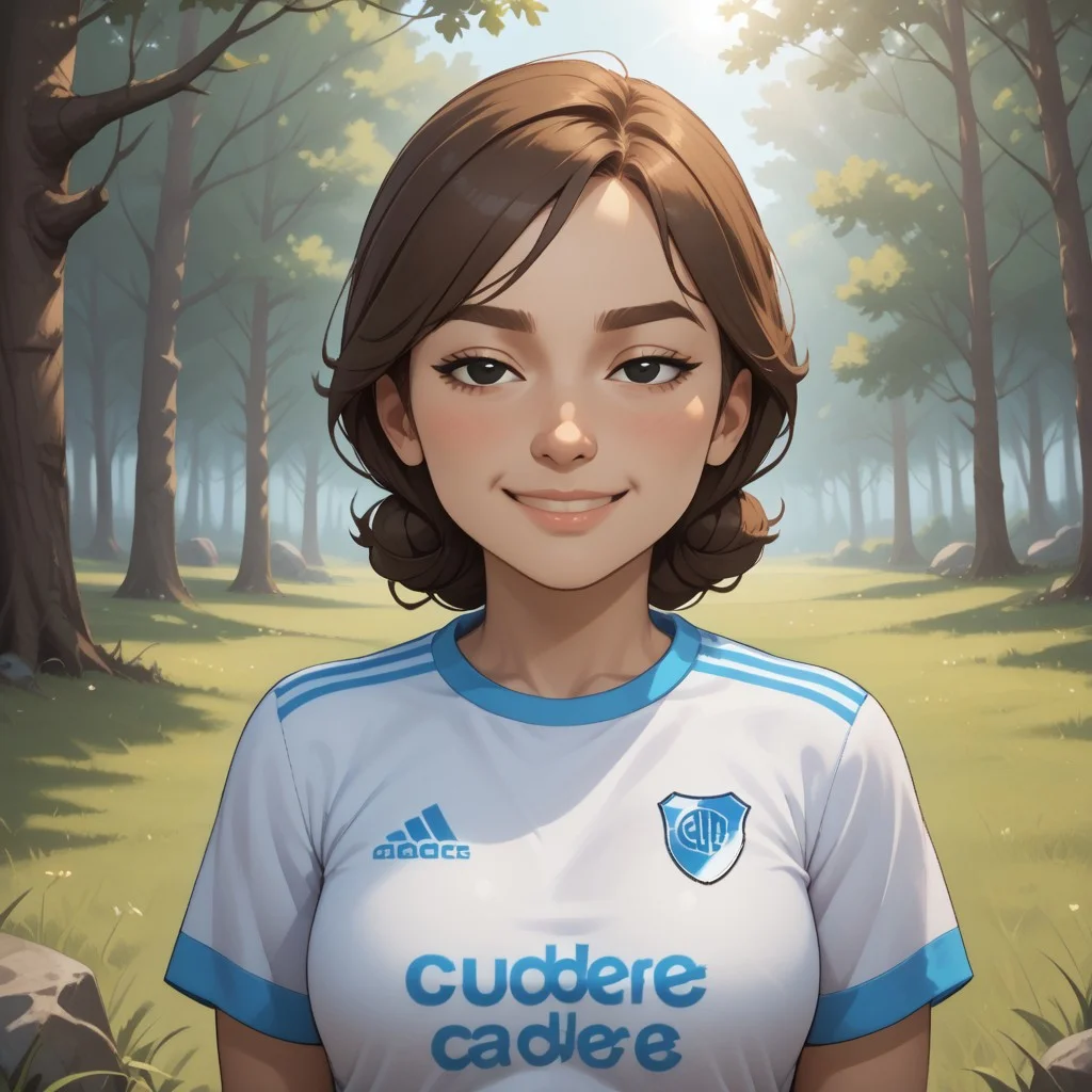 score_9, score_8, BREAK, solo, mii, wii, wii sports resort, female mii, 1girl, cute, brown hair, brown eyebrows, rectangle eyebrows, black eyes, sleepy eyes, half circle eyes, small nose, blush, :I, Hiromi_(\Wii_Sports_Resort\), medium breasts, Nintendo Mii, modern_mii, classic_mii, RiverPlate, striped shirt, striped, shirt, white shirt, short sleeves, clothes writing, sportswear, soccer uniform, sexy pose, self portrait, smile, outdoors, sunlight, shadows, evening lighting, natural lighting, forest, trees, grass, orange sky, sunset