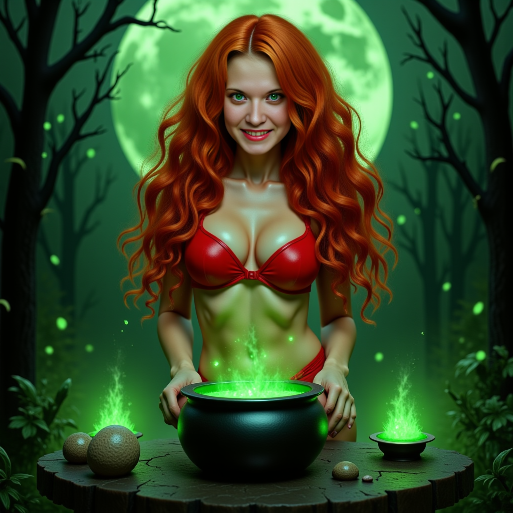 Sofilove, beautiful woman 25 years old. Masterpiece, realistic charming green eyes, perfect facial skin, athletic body, lush curly long natural fiery red hair, large bust. She has hourglass figure, sexy hips and toned legs. She with a captivating smile that reveals her perfectly aligned teeth looks directly at the viewer. She's a sexy witch who casts dark magic spells. She has shiny bright red lips. She's wearing a sexy red bikini. She stands in a magic circle of mysterious green color, next to a huge cauldron where a poisonous green potion is brewed, she conducts a magical ritual. A swamp in the background, a huge moon in the sky. 8K HD, DSLR camera, high quality, detailed texture skin, high body detail, realistic, soft focus, insanely detailed, highest quality, high resolution photography, realistic photo, ultra detailed, hyperrealism.